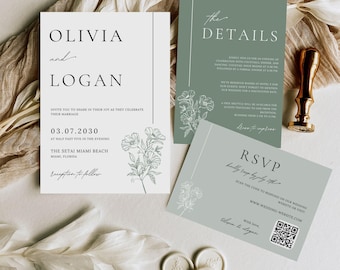 Sage Green Wedding Invitation Set: Minimalist Botanical Template (Canva Editable, Instant Download)