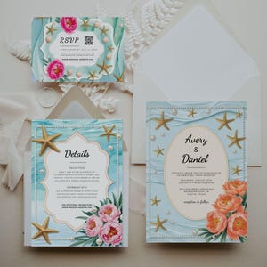 Ensemble de modèles de faire-part de mariage sur la plage, suite de faire-part de mariage bleu océan, faire-part de mariage sur la plage azur, étoile de mer, coquillage, fleur, toile