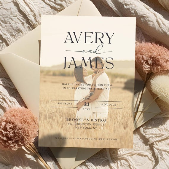Minimalist Wedding Invitation Template, Editable Wedding Invite with Photo, Digital Printable, Photo Wedding Invite, Instant Download, Boho
