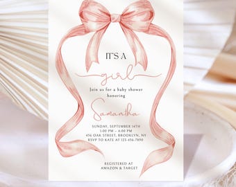 Blush Pink Bow Baby Shower Invitation Editable Elegant Watercolor Coquette Bow Invitation Baby Girl Shower Invite Canva Template Printable