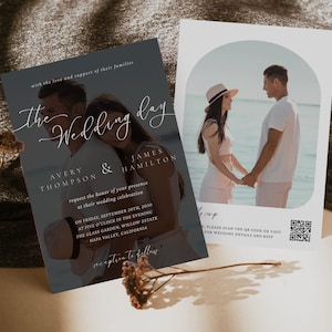 May include: Two wedding invitations. One features a couple with the text "The Wedding Day" and wedding details. The other shows a couple holding hands on a beach. Includes a QR code for wedding details.