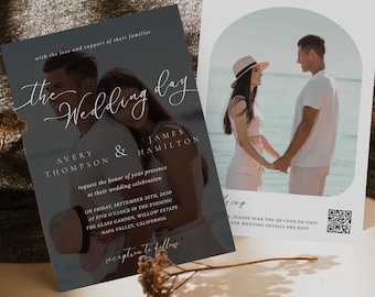 Wedding Photo Invitation Template with QR Code, Minimalist Wedding Invite, Editable Photo Wedding Invite for Canva, Modern Wedding Invite