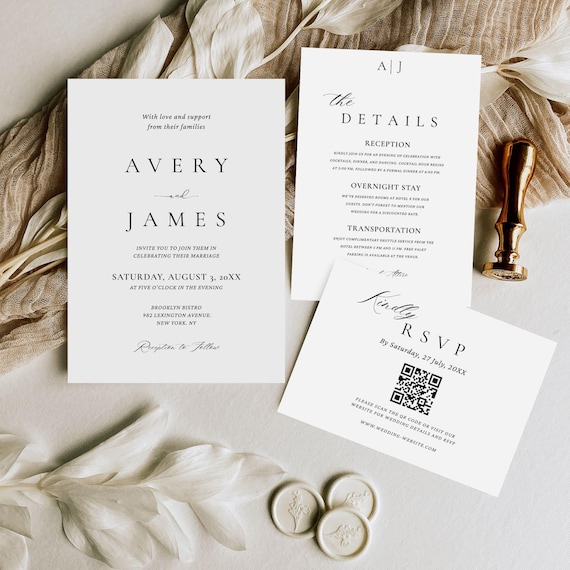 Elegant Wedding Invitation Template Set, Minimalist Wedding Bundle Canva, Wedding Invite Suite With QR Code RSVP, Printable Wedding Invite