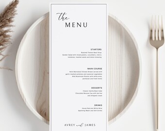Minimalistische Hochzeitsmenüvorlage, bearbeitbares modernes Hochzeitsmenü, Hochzeitsabendmenü Sofort-Download, Canva bearbeitbare Vorlage