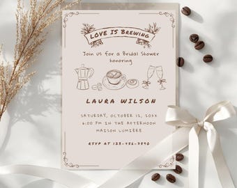 Invitación para despedida de soltera "Love is Brewing": Invitación de café para despedida de soltera (Descarga instantánea)