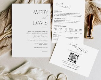 Op de afbeelding: Elegante trouwuitnodiging met minimalistisch design. Bevat uitnodiging, detailkaart en RSVP-kaart met QR-code. Bevat de namen "Avery and Davis" en evenementdetails. Bevat een gouden waszegel en een decoratieve stempel.