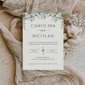 Plantilla de invitación de boda con vegetación, invitación imprimible con vegetación, invitación de boda digital, hojas de eucalipto editables.