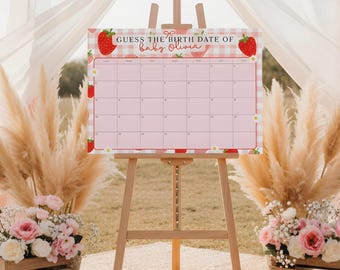 Calendario de fechas de parto para baby shower de fresa, plantilla editable de juegos para baby shower rosa, juego de adivinanzas imprimible, descarga digital