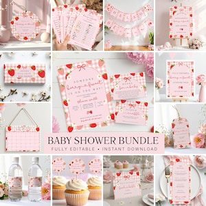 May include: A baby shower bundle with a strawberry theme. The set includes invitations, banners, signs, and cupcake toppers. The color scheme is pink and white with strawberry illustrations. The text "Baby Shower Bundle" is displayed.