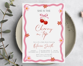 Editable Cherry Baby Shower Invitation Cherry on Top Invite Baby Shower Invite Template Pink Bow Berries Modern Girl Baby Shower