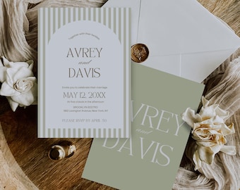 Plantillas de invitación de boda con rayas verdes, plantilla de Canva, rayas verdes sofisticadas, paquete de invitaciones extravagantes, descarga instantánea