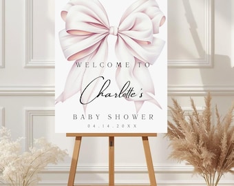Różowa kokardka na powitanie na baby shower, Wydrukowana różowa kokardka na powitanie, Edytowalny szablon Canva, Pobieranie cyfrowe, Powitanie na baby shower dla dziewczynek