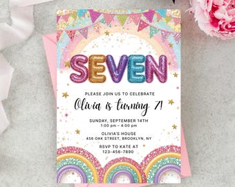 Editable Rainbow Sequin 7th Birthday Invitation: Printable Canva Template (PDF File)