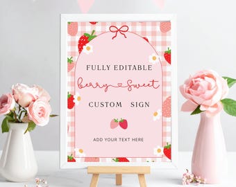 Strawberry Baby Shower Sign, Editable Berry Sweet Baby Shower Decor, Printable Girl Baby Shower Themed Sign, Digital Download