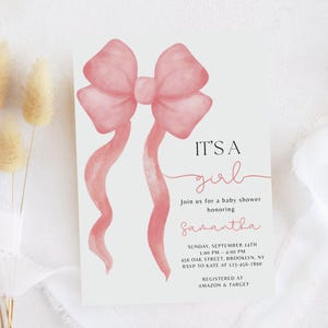 Editable Pink Bow Baby Shower Invitation Template, Printable Watercolor Coquette Bow Invite, Baby Girl Shower, Bow Girl Baby Shower Invite