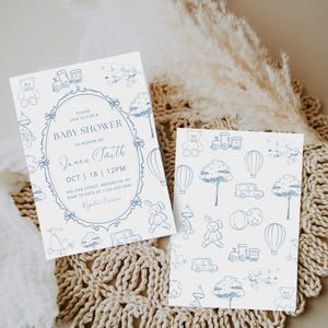 Toile De Jouy Blue Baby Shower Invitation Set, Toile Invitation Suite, Editable Dusty Blue Baby Shower Invite, Instant Download, Canva