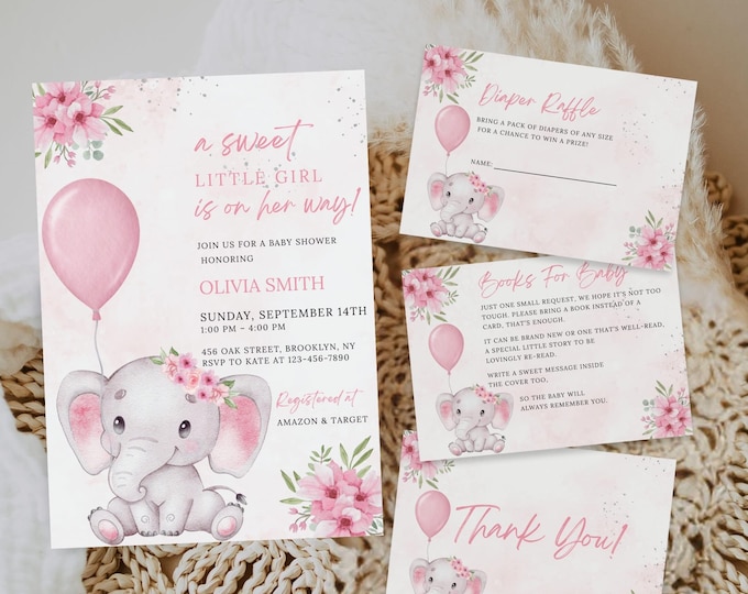 EDITABLE Blush Pink Rose Gold Elephant Baby Shower Invitation Girl Baby ...