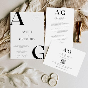 May include: A set of wedding invitations with a minimalist design, featuring the names "Avery and Gregory". The suite includes details, RSVP, and a QR code. The colour scheme is black and white, with a gold wax seal.