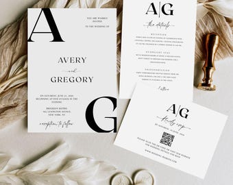Classy Black and White Wedding Invitation Templates Set, Includes Formal Invitation, Details cards and RSVP with QR Code, Minimal Invite