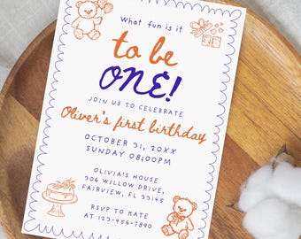 Invitación colorida para primer cumpleaños: Plantilla de invitación para fiesta de primer cumpleaños dibujada a mano (Canva editable, 13 x 18 cm)