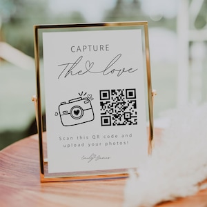 Letrero con código QR para bodas "Captura el amor", letrero personalizable para fotos de boda, comparte el amor, formato horizontal y vertical, edición con Canva.