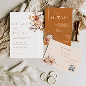 May include: Wedding invitation suite featuring a floral design in shades of peach, brown, and white. The suite includes an invitation, details card, and RSVP card. The invitation reads "Olivia and Logan" and the date "03.07.2030".
