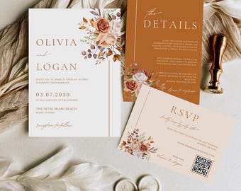 Autumn Wildflower Wedding Invitation Set, Rust Wedding Invitation Fall Floral Boho Wedding Invitation Suite Template, Orange Red Burgundy