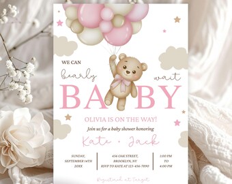 May include: Baby shower invitation featuring a teddy bear holding balloons. The invitation text reads "We can bearly wait BABY" and includes details for Olivia's baby shower, including the date, time, and location. The design incorporates pink and beige colors.