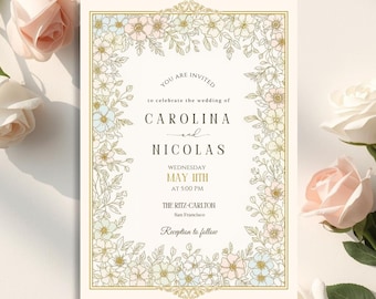 Bloemen bruiloft uitnodigingssuite, afdrukbare wilde bloemen bruiloft uitnodiging, wilde bloemen bruiloft uitnodiging sjabloon, CANVA bloemen uitnodigingsset