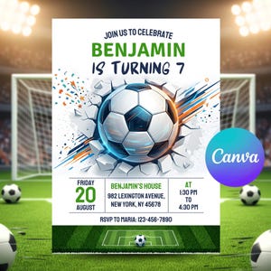 May include: A birthday invitation flyer featuring a soccer ball breaking through a wall. Text reads: JOIN US TO CELEBRATE BENJAMIN IS TURNING 7, FRIDAY 20 AUGUST, BENJAMIN'S HOUSE 982 LEXINGTON AVENUE, NEW YORK, NY 45678, AT 1:30 PM TO 4:30 PM, RSVP TO MARIA: 123-456-7890.