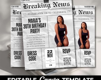 Editable 30th Birthday Newspaper Invitation: Canva Birthday Party Invite Newspaper Template (Instant Download)