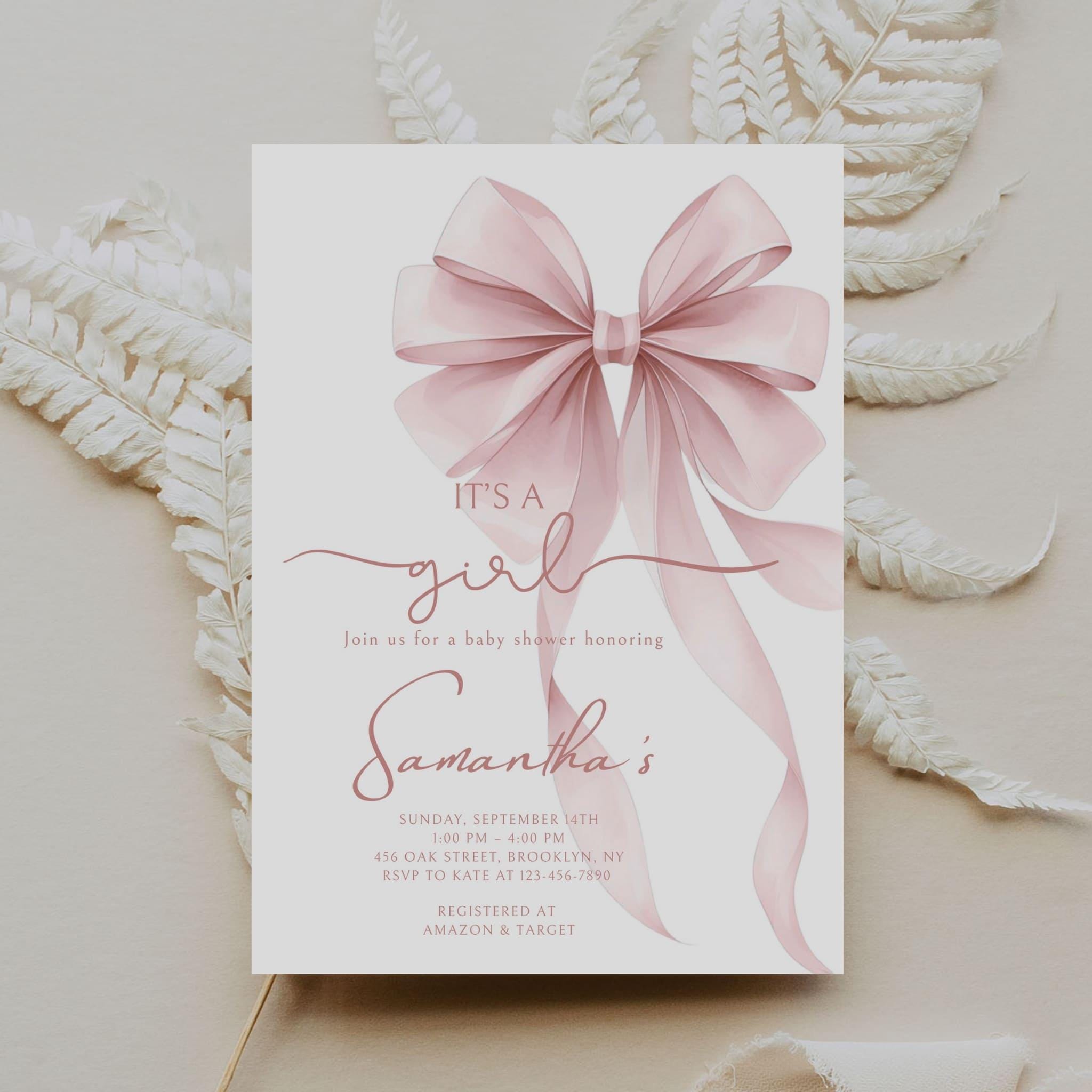 Editable Pink Bow Baby Shower Invitation Template, Printable Watercolor ...