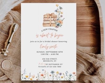 May include: White invitation card with floral and book illustrations. The text reads "A New Chapter is about to begin" and invites guests to a bridal shower for Emily Smith on September 14th.