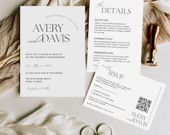 Minimalistische Hochzeitseinladungs-Vorlagenreihe, Elegante Hochzeitseinladungen, Hochzeitseinladung mit QR-Code, bearbeitbare Canva-Vorlage, Detailkarte