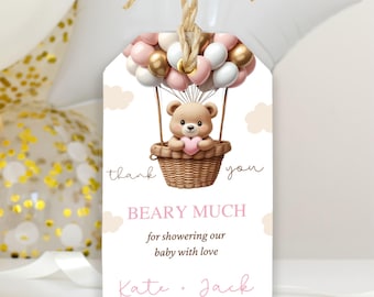 Digital Baby Girl Shower Favor Tags, Editable Electronic Bear Baby Shower Favors, Bearly Wait Baby Shower Electronic Thank You Tags