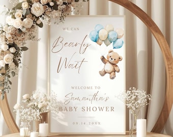 Editable Brown Teddy Bear Welcome Sign, We Can Bearly Wait Boy Baby Shower Sign, Blue Boy Boho Bear Baby Shower Decor, Digital Template