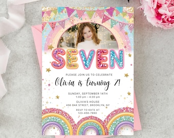Editable Rainbow Sequin 7th Birthday Photo Invitation: Printable Canva Template (PDF File)