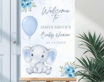 Bewerkbaar olifant babyshower welkomstbord, blauwe bloemen olifant babyshower welkomstposter, bloemen olifant babyshower, jongen, afdrukbaar