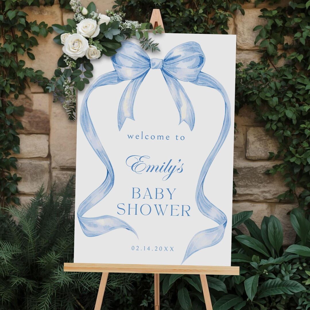 Blue Bow Baby Shower Welcome Sign, EDITABLE Blue Boy Baby Shower Sign ...