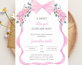 Pink Bow Baby Shower Invitation Template, Printable Ribbon Girl Baby Shower Invite, Baby Shower Invite Girl Coquette Bow, Instant Download