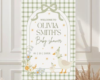 Cartello di benvenuto per baby shower "Silly Goose", unisex, modello modificabile per cartello baby shower a quadretti verdi, decorazioni per feste a tema oca
