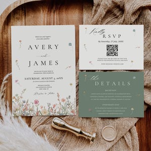 May include: Wedding invitation suite featuring floral illustrations. The invitation card displays the names "Avery and James" and event details. RSVP and details cards are also included, along with a gold wax seal and stamp.