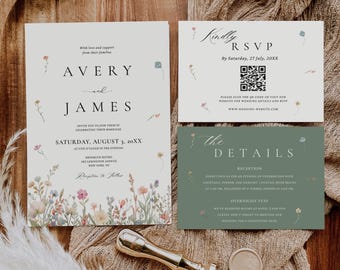 Wildflower Wedding Invitation Set with QR Code, Floral Summer Wedding Invitation Suite, Editable Wedding Invitation Template, Printable