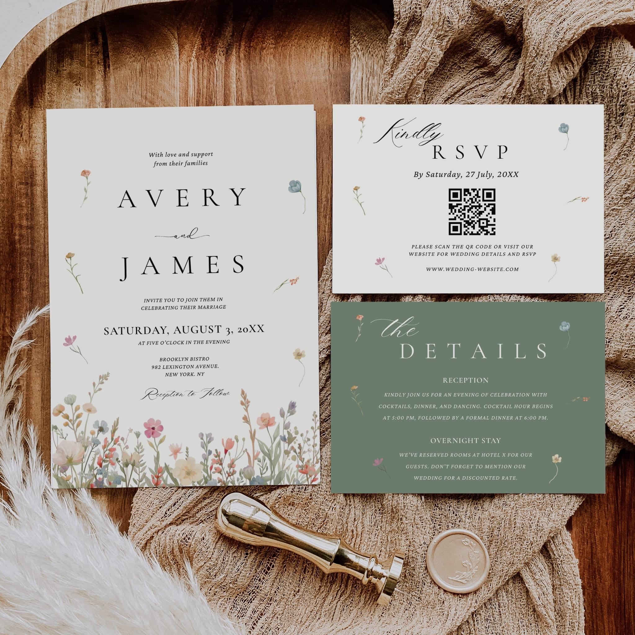 Wildflower Wedding Invitation Set With QR Code, Floral Summer
