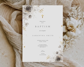 Girls Baptism Invitation Template, Wildflower Baptism Invitation, Printable Baptism Invite, Christening Invite, Floral Baptism