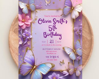 Butterfly Birthday Invitation, Girl Butterfly Party, Purple Butterfly Birthday Invite, First Birthday Invitation, Instant Download