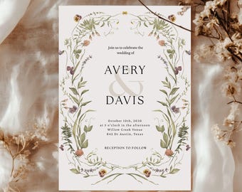 Wildflower Wedding Invitation Suite, Garden Wedding Invite Set, Wedding Invitation, Floral Invitation, Canva Editable Template