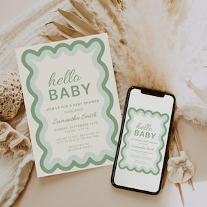 Wavy Border Baby Shower Invitation Template, Printable Gender Neutral Baby Shower Invite, Hello Baby, INSTANT DOWNLOAD, Canva Editable
