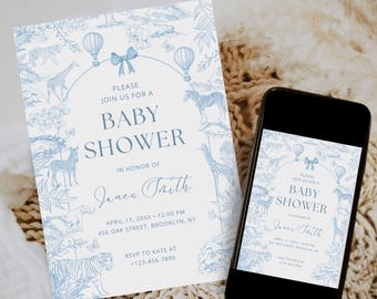 Invitación para baby shower de safari con temática de toile azul, baby shower editable con animales de safari, invitación para baby shower de toile de jouy, safari azul, Canva