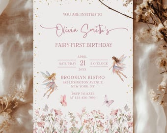 Invito per il primo compleanno di una fata, invito modificabile per il compleanno di una fata, invito per la festa del primo compleanno, invito per il compleanno di una fata del giardino incantato